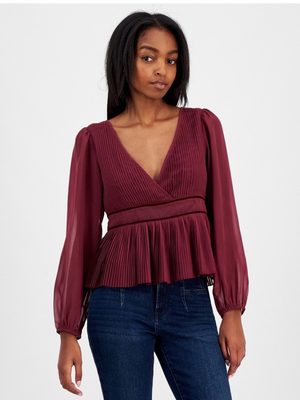 Lucky Brand: love, Fire Burgundy Pleated Wrap Peplum Blouse